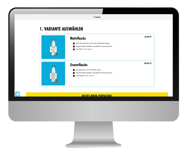 Computerbildschirm mit geöffneter ORWO-Produktseite zur Auswahl einer personalisierten Thermosflasche mit Foto oder Gravur.