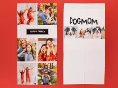 Handtuch bedrucken, mit verschiedenen Designvorlagen Zwei Handtücher mit je einer anderen Designvorlage. Beide zeigen Designs mit mehreren Bildern und einem Schriftzug. Gestalte jetzt dein Handtuch mit Foto.
