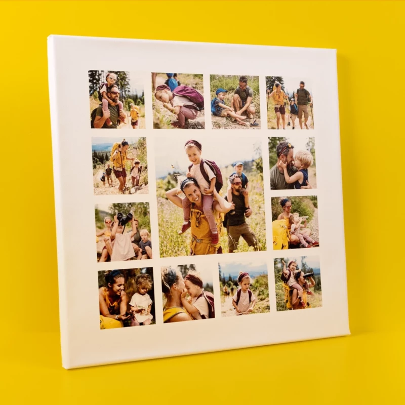 Fotoleinwand mit verschiedenen Bildern als Collage. Gestalte eine personalisierte Leinwand mit deinen Lieblingsbildern. Holzkeilrahmen inklusive Spannkeile.