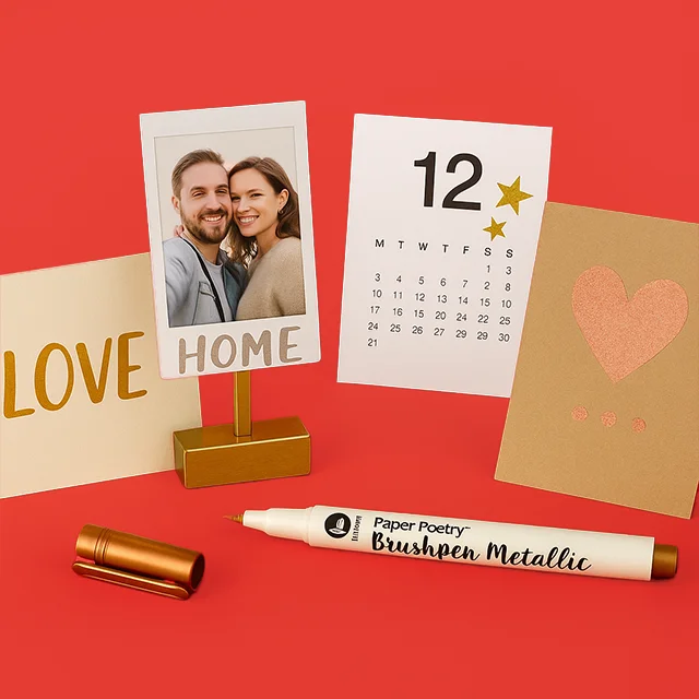 Brushpen Metallic in Gold auf rotem Hintergrund, umgeben von Karten, Kalender und Deko mit goldenen Akzenten.